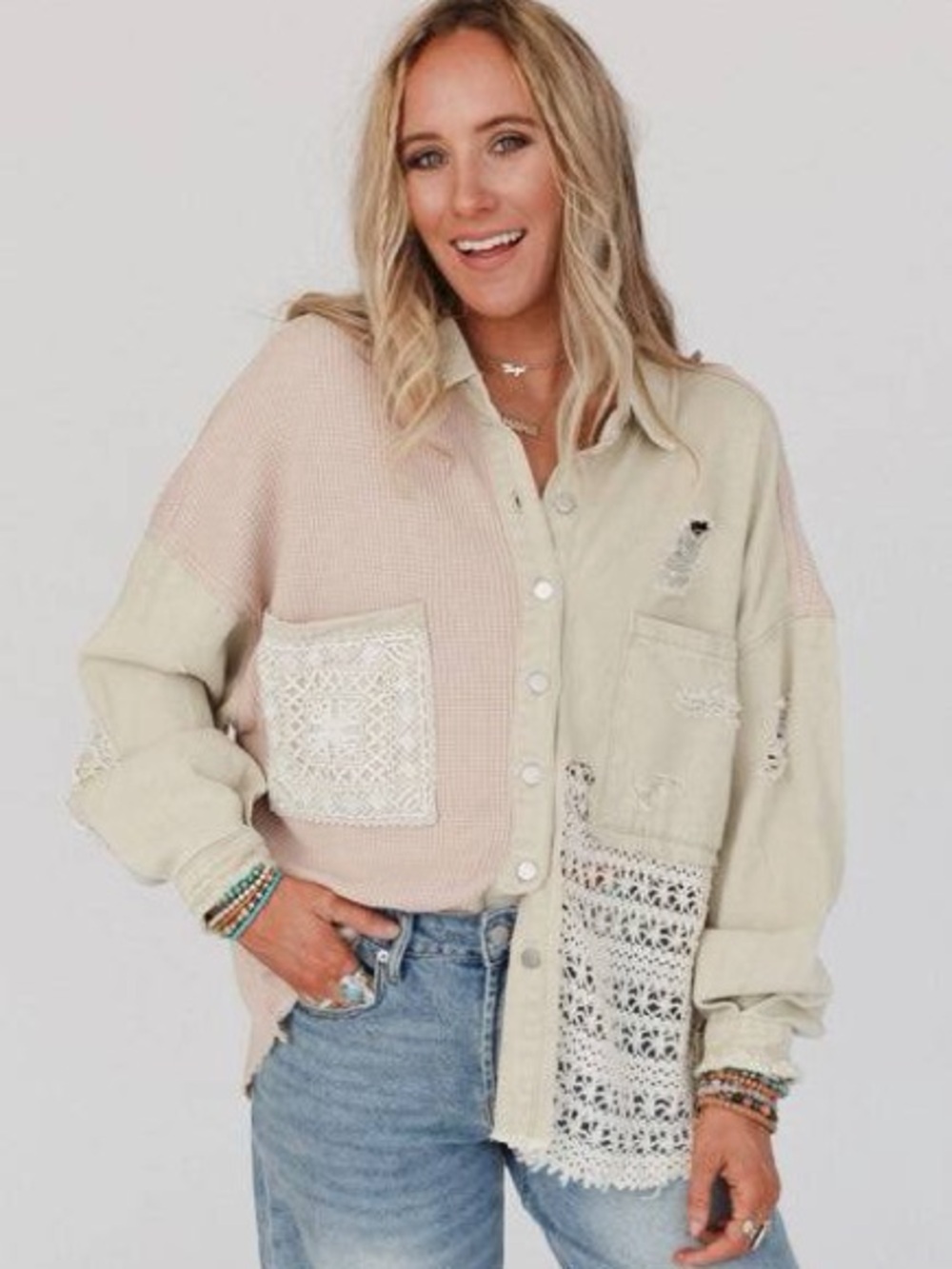 POL Clothing Distressed Waffle Knit and Lace Patchwork Shacket